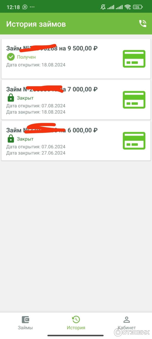 Скрин из истории займов